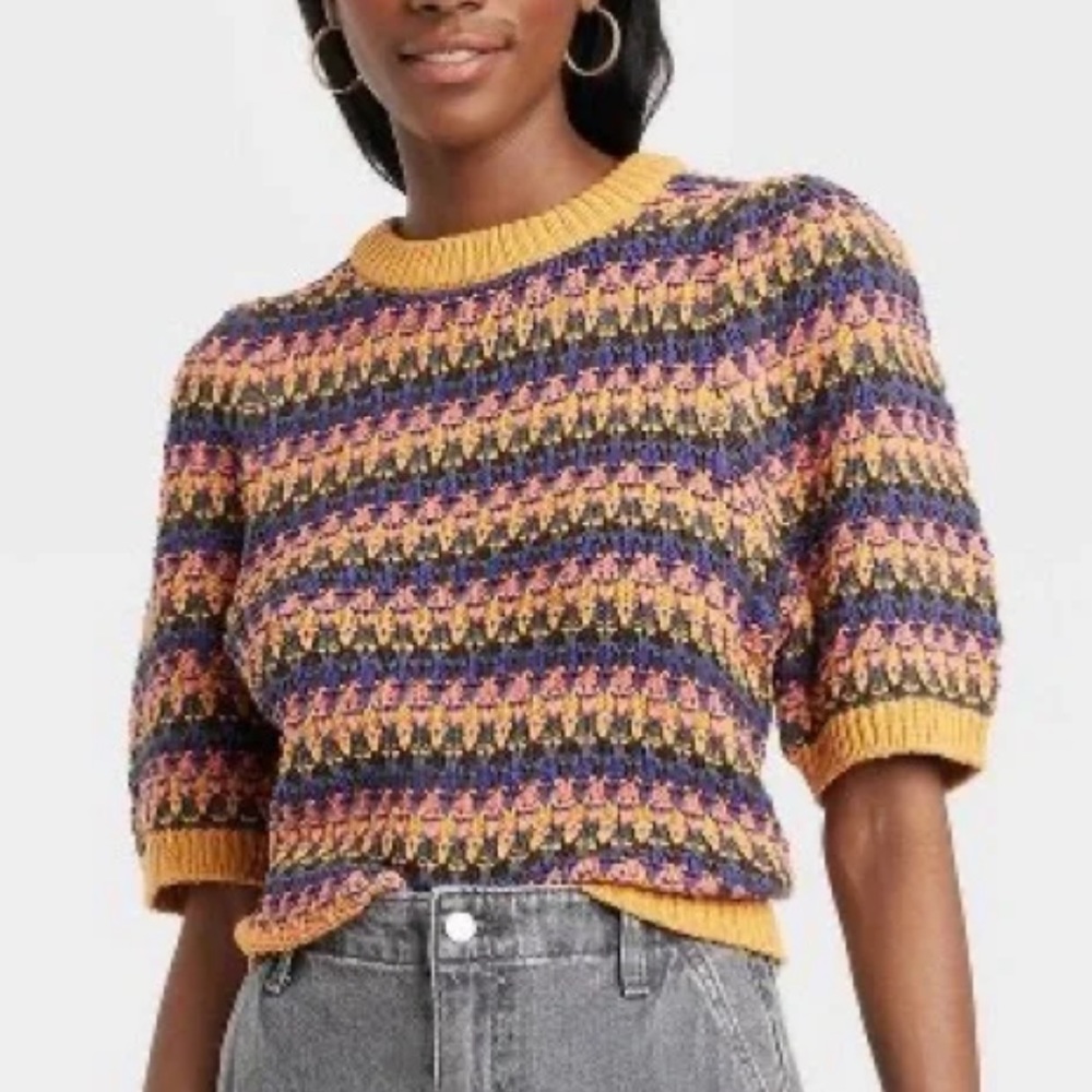 Universal Thread yellow and pink striped knit puff sleeve sweater